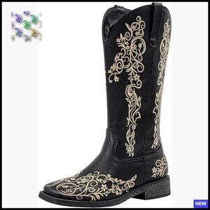 Floral Embroidered Cowboy Boots Square Toe Western Boots Mid-Calf Wide Calf